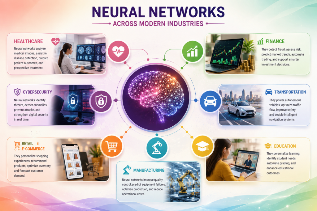 Neural Networks applications in healthcare, finance, cybersecurity, transportation, and retail