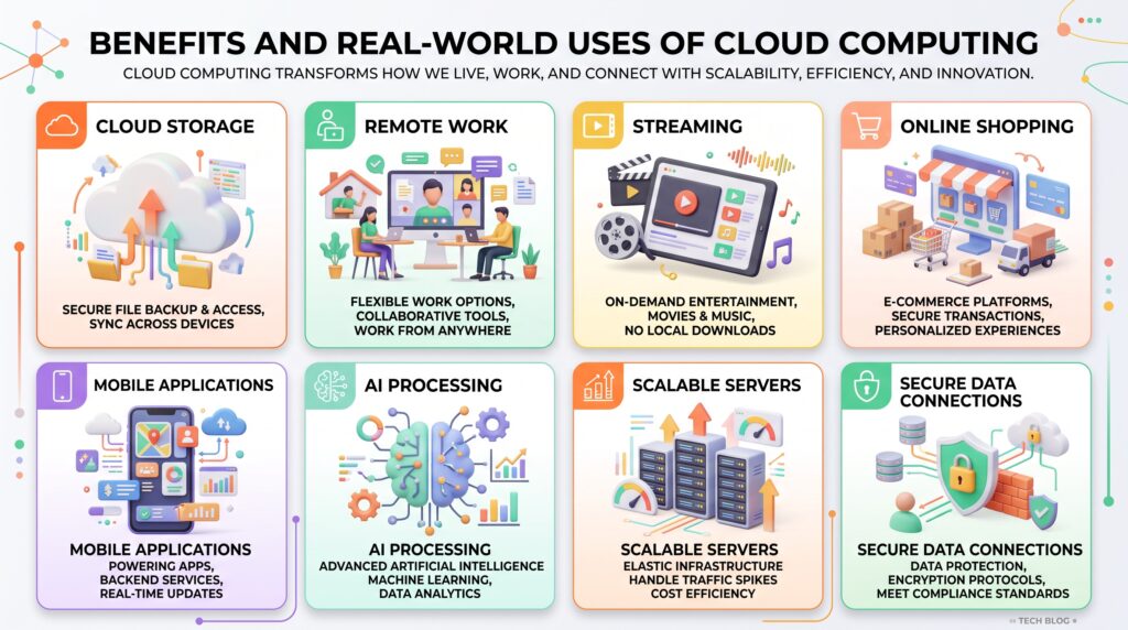 Cloud computing benefits including remote storage, work, streaming, AI, and online applications