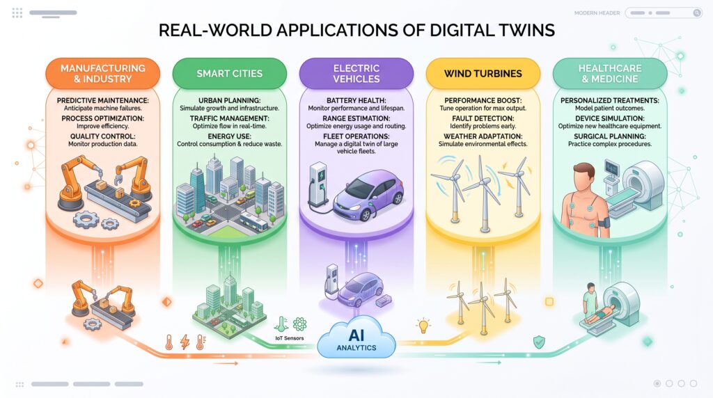 Digital twin applications in manufacturing, smart cities, transportation, energy, and healthcare