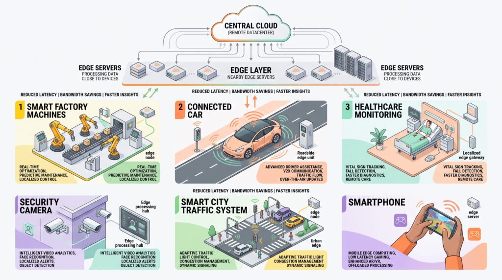 Edge computing applications in smart factories healthcare vehicles and smart cities