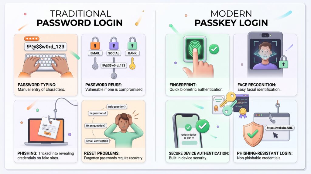 Comparison of passkeys and passwords for online account security