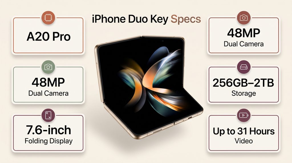 iPhone Duo key features A20 Pro cameras multitasking and battery