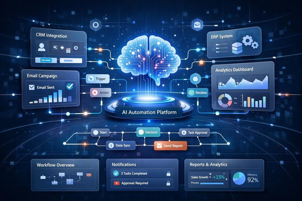 AI automation connecting digital workflows and business applications in 2026