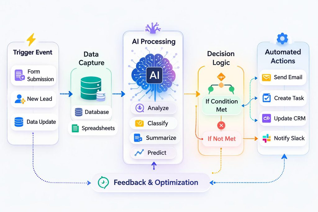 Five stages showing how AI automation processes information and performs tasks